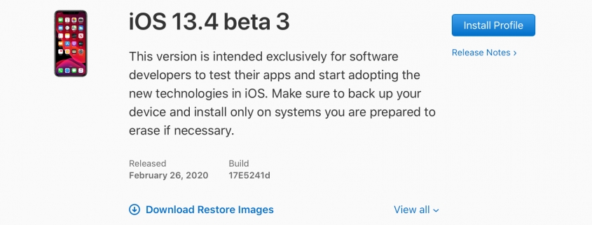 iOS 13.4 beta 3, iPadOS 13.4 beta 3, tvOS 13.4 beta 3, y watchOS 6.2 beta 3